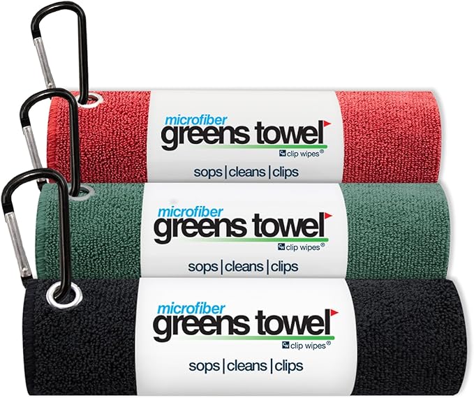 3 Pack Golf Towel Set for Golf Bags with Clip, Plush Microfiber Nap Fabric, 16x16, The Original, Multiple Colors (RED-Green-Black)