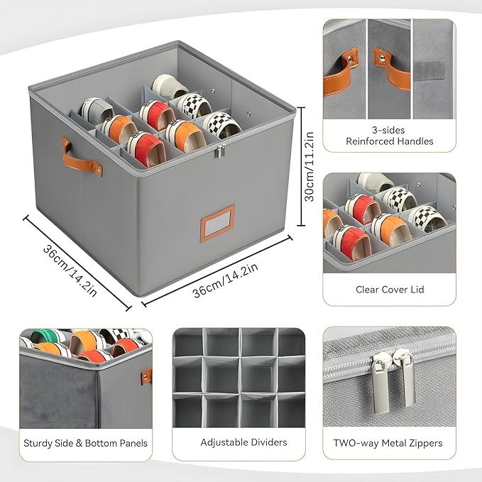 Atlodas Fabric Shoe Organizer Storage Box, 2 Pack Foldable Shoe Storage Organizer Box Bin with Adjustable Dividers and Clear Cover, Fits up to 8-16 Pairs (White)