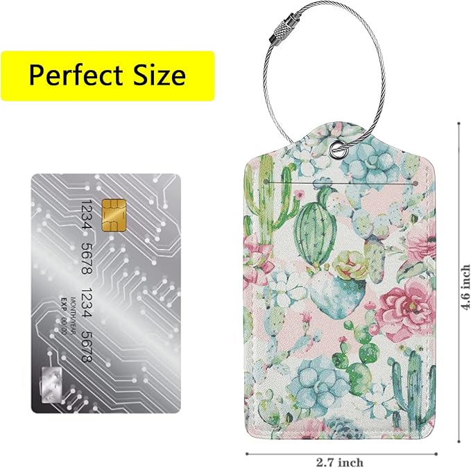 2 Pack Cactus Watercolor Luggage Tags for Suitcases, Cool Leather Luggage Tag for Travel, Bag Tag Privacy Name ID Card Bag Labels for Friends Adults Kids Tourists