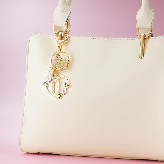 Gold Heart Initial Letter Keychain for Women Key chain Keyring for Purse Handbags Backpack Charm