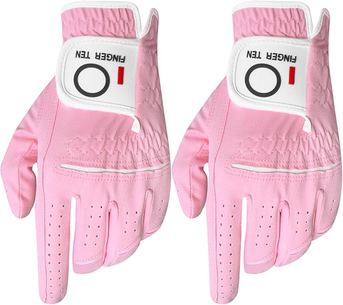 FINGER TEN Womens Ladies Golf Gloves Pair Both Hand or 2 Pack Left Right Hand, All Weather Grip & Comfortable Glove for Serious Performance, Stylish Pink White Fit S M L XL