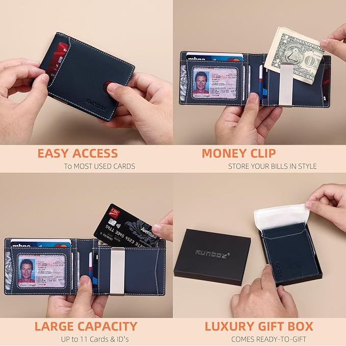 RUNBOX Money Clip Wallets for Men,Slim Leather Mens Bifold Wallet,RFID Blocking Front Pocket Wallet,Thin Credit Card Holder with Gift Box