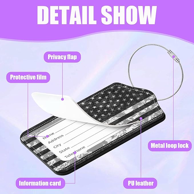 3 Pack Vintage American Flag Luggage Tags for Suitcase USA Flag PU Leather Travel Luggage Tag Privacy Cover ID Label for Women Men Baggage Backpack Handbag School Bag
