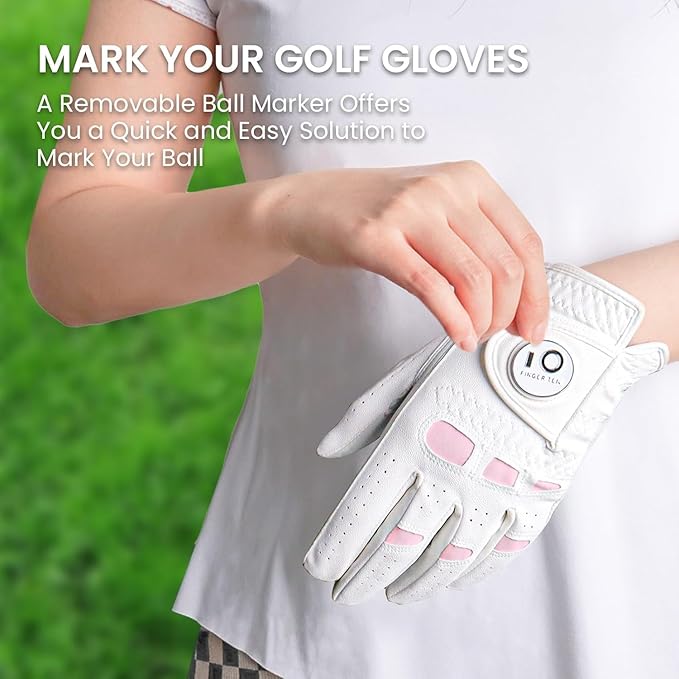 FINGER TEN Golf Gloves Women Leather Glove with Ball Marker for Ladies - Enhanced Grip, Comfort & Durability for Female Golfers
