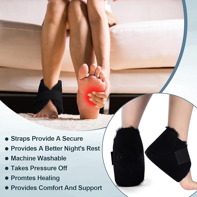 2 Pcs Heel Protectors for Pressure Sores Sheepskin Heel Pads Soft Foot Cushions Pad Protectors Adjustable Foot Pillows with Securing Strap for Bed Sore Ankle Ulcers(Black)