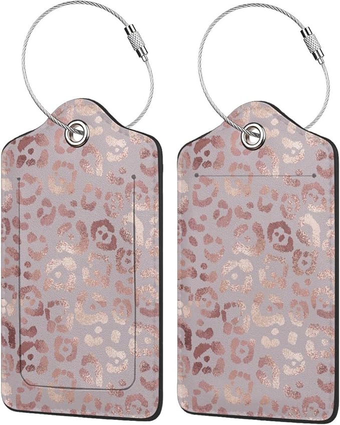 Gold Leopard Print Luggage Tags Set of 2 Leather Stainless Steel Loop Label Tag for Travel Bag Suitcase
