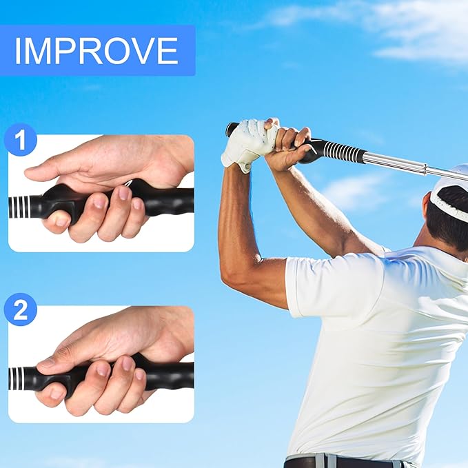 Retractable Golf Swing Trainer - Golf Swing Training Aid, Non-Slip Golf Grip Trainer, Strength & Tempo Training, Golf Alignment Sticks & Arm Band, Indoor Outdoor Golf Swing Practice