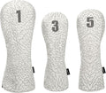 Golf Driver Head Covers 3-Pack for Men & Women - Premium PU Leather with Elephant Embroidery, Double Elastic Band (Driver/Fairway/Hybrid), Waterproof & Durable - White Grey or Black Grey