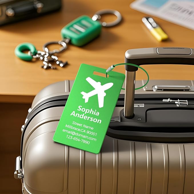 Personalized Metal Luggage Tags, Custom Suitcase Aluminum Name Tags with 5.9in Steel Ring, Laser Engraved Text and Logo, for Travel Gift, Baggage, Golf Bag (Green)