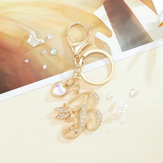 Gold Plated Alphabet Initial Letter Keyring Keychain for Women Girls Crystal Key Chains for Wallet Backpack Bag Charm