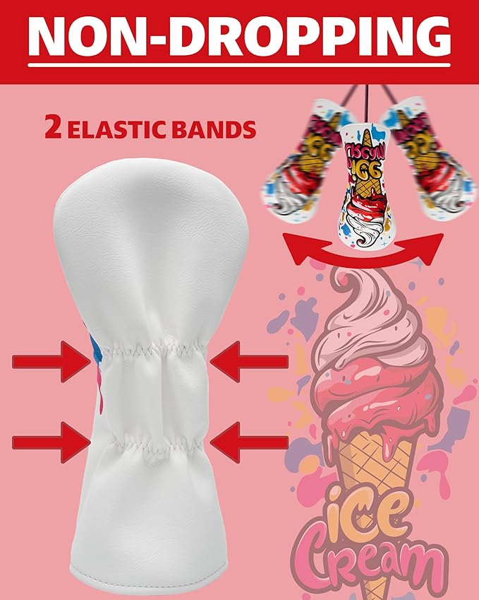 Golf Club Head Covers, Ice Cream Golf Headcovers for Drivers, Fairway Woods, Hybrids, Mallet Blade Putter Cover, Funny Golf Club Covers with Premium PU Leather and Advanced Embroidery for Most Brands