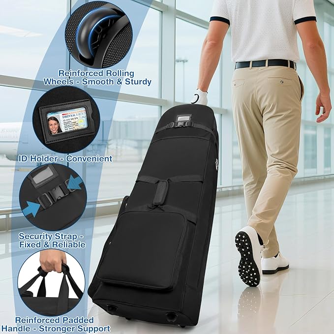 Golf Travel Bags for Airlines - 900D Heavy Duty Polyester Oxford Travel Golf Bag with Wheels, Golf Club Bag Cover Lightweight Soft Wear-Resistant Universal Size, Black