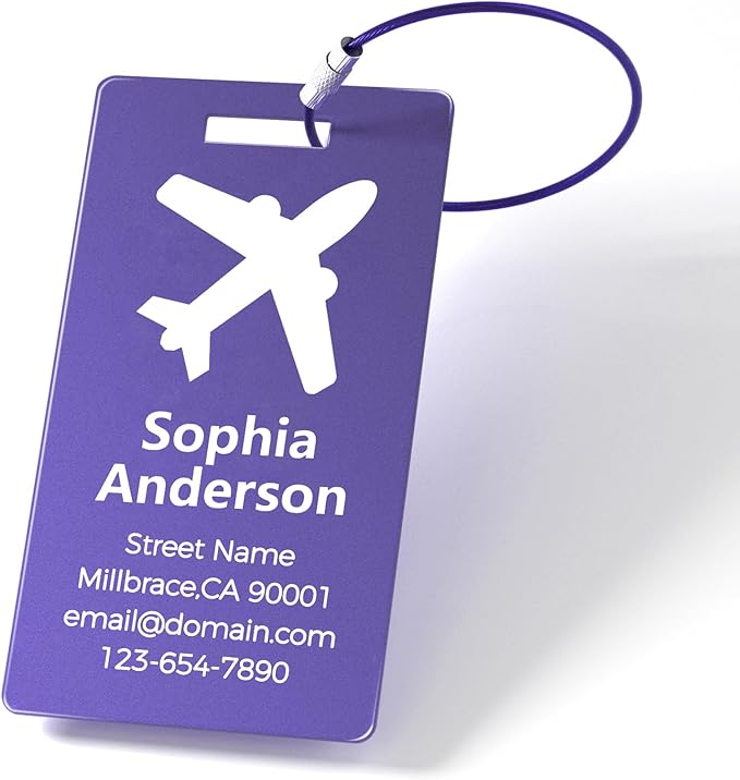 Personalized Metal Luggage Tags, Custom Suitcase Aluminum Name Tags with 5.9in Steel Ring, Laser Engraved Text and Logo, for Travel Gift, Baggage, Golf Bag (Purple)