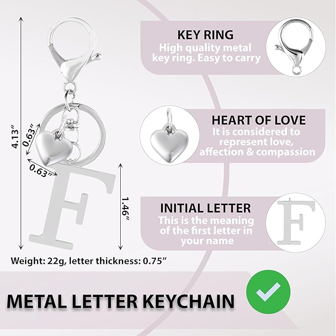 Metal Heart Alphabet Keychain for Women, Girls - Cute Initial Letter Accessories for Purse, Bag Charms and Backpack