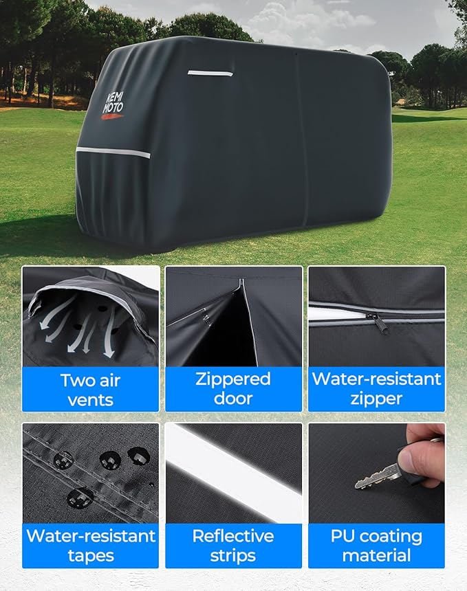KEMIMOTO 600D Waterproof Golf Cart Cover, Universal Heavy Duty Large 6-Seater Golf Cart Rain Cover with Storage Bag Compatible with EZGO Club Car 6/4+2 Passenger, Black