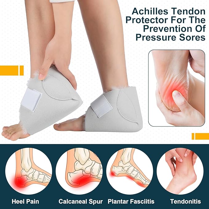 2 Pcs Heel Protectors for Pressure Sores Sheepskin Heel Pads Soft Foot Cushions Pad Heel Protectors Adjustable Foot Pillows with Securing Strap for Bed Sore Ankle Ulcers(White)