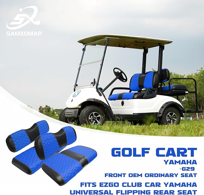 Golf Cart Front and Rear Seat Covers Waterproof and Sun Resistant Marine Grade Vinyl Leather Seat Cover Accessories for Yamaha Drive 2007-2016/Drive 2 2017+,Blue(4PCS)