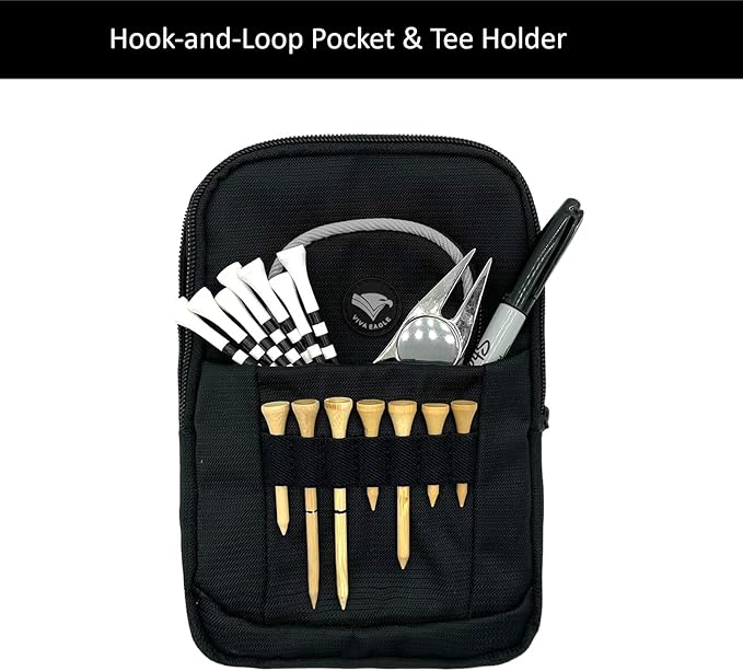 Golf Bag Pouch for Balls and Accessories | 3 Zipper Pockets | Detachable Clip | Store Up to 15 Balls | Front Tee Holder and 10 Bamboo Tees 3 1/4 in
