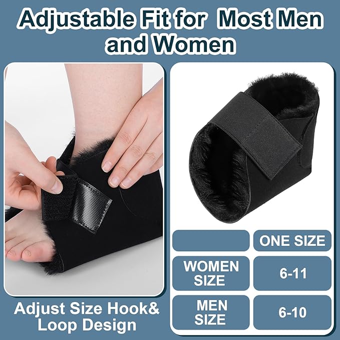 2 Pcs Heel Protectors for Pressure Sores Sheepskin Heel Pads Soft Foot Cushions Pad Protectors Adjustable Foot Pillows with Securing Strap for Bed Sore Ankle Ulcers(Black)