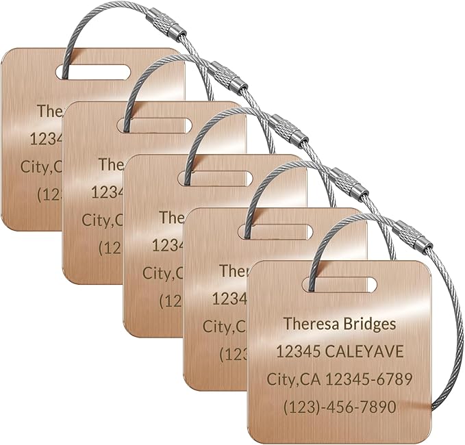 5 Pack Custom Engraved Luggage Tags, 2 x 2 inches Waterproof Personalized Luggage Tags, Aluminum Personalized Bag Tags for Suitcases/Backpack/Luggage Accessories [Rose Gold]