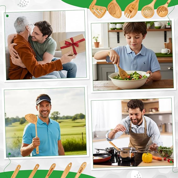 5 Pcs Golf-club Style Kitchen Utensil Set Bamboo Spatula Soup Spoon Fun Golf Themed Kitchen Utensil Set for Gift Funny Birthday Gifts for Men Women Golfers Christmas Birthday