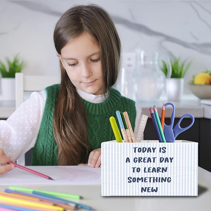Inspirational Blue Pen Pencil Holder for Desk, Motivational Classroom Decor, Today Is a Great Day to Learn Something New Wooden Box Sign Desk Decor for Classroom Playroom Decoration