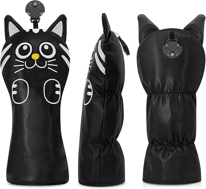 Golf Kitty Head Cover Golf Club White Leather Headcovers 1pc/4pcs Set Fits Driver Fairway Wood Hybrid Utility Putter Iron Wedge Headcover.