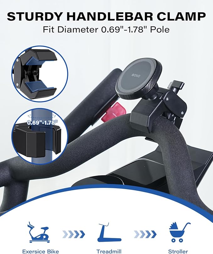 OQTIQ Phone Holder for Peloton Exercise Bike, Heavy-Duty Clamp & 17 N54 Strong Magnetic Phone Mount for Treadmill, Spin Bike, Golf Push Cart, Stroller, Fit for MagSafe iPhone 12-17 Series
