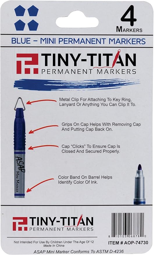 Tiny-Titan Mini Markers, Keychain Clip, Golf Ball Marker, Clip On Nurse's Badge - BLUE Ink - Fine Point - 4 Pens