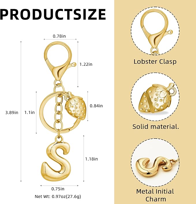 Gold Bubble Heart, Cherry, Bow & More Designs Letter Initial Keychain Bag Charms – Cute Purse Charms for Handbags