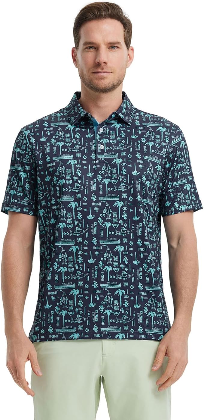 Golf Shirts for Men Dry Fit Short Sleeve Print Performance Moisture Wicking Polo Shirt