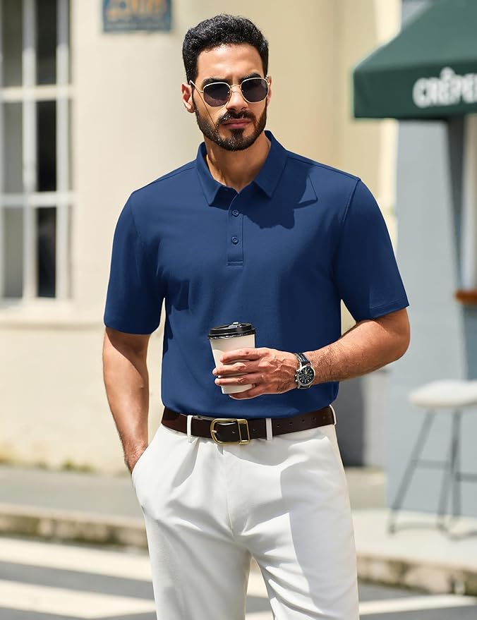 TACVASEN Mens Polo Shirts Short Sleeve Pique 3 Buttons Golf Polo Cooling Performance Moisture Wicking Shirt