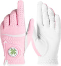 Womens Golf Glove with Clover Ball Marker 1 Pack, All Weather Grip Microfiber & Leather Gloves for Ladies, Comfortable Breathable Fit for Left Hand or Right Hand in White Pink