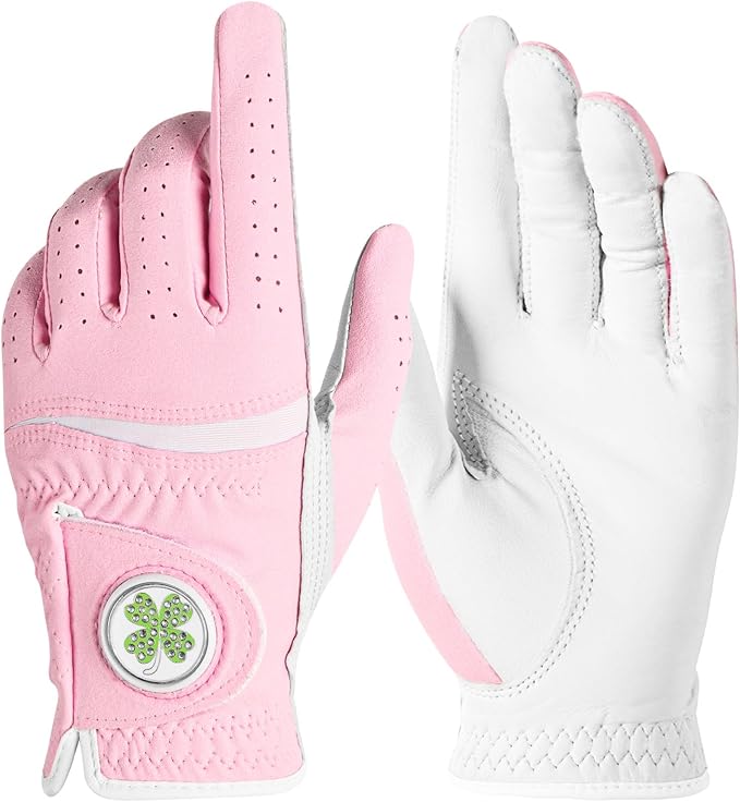 Womens Golf Glove with Clover Ball Marker 1 Pack, All Weather Grip Microfiber & Leather Gloves for Ladies, Comfortable Breathable Fit for Left Hand or Right Hand in White Pink