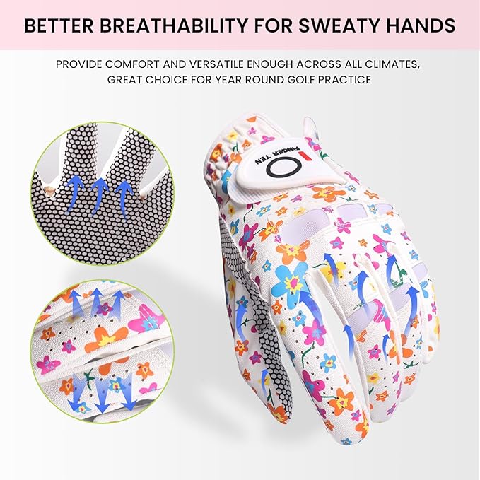 FINGER TEN Non Slip Golf Gloves Women 2 Pack for Left Right Handed Golfers, All Weather Grip & Comfortable Glove for Serious Performance, Fit Size Medium Small Large