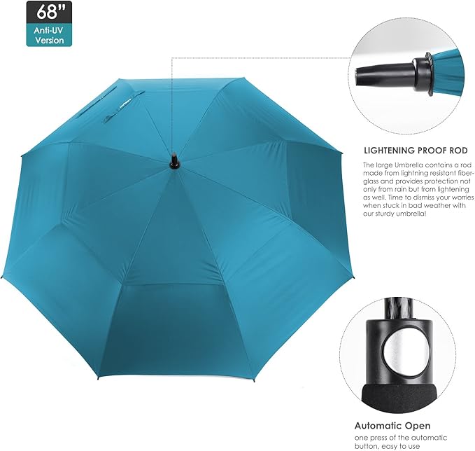 ZEKAR 54/62/68 inch Windproof Large Vented UV Protection and Classic Pongee Fabric Golf Umbrella, Double Canopy Rain and Sun Oversized Stick Umbrellas (Aqua-blue, 68”-Pack of 2)