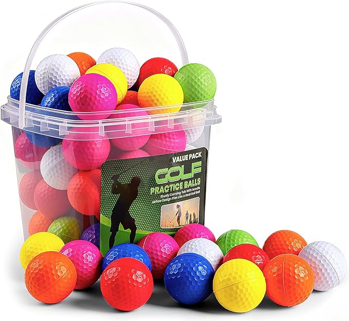 FINGER TEN Golf Practice Balls with Bucket Value 50 Pack, Soft Foam with Limited Flight for Safe Practice, Orange Yellow Pink Bright Colors for Indoor Outdoor Backyard Pool Use