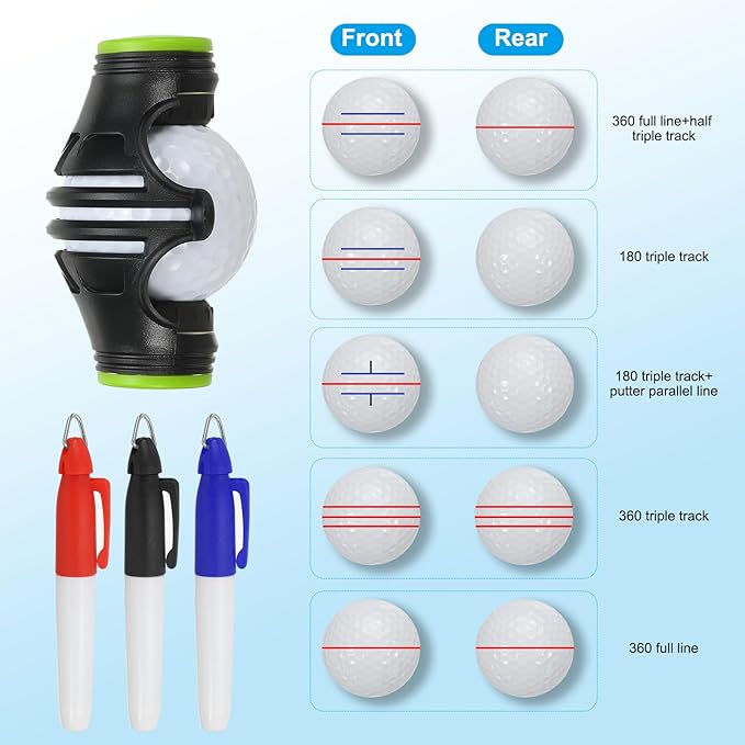 PATIKIL Golf Ball Marker Stencil 360 Degree Triple Track Golf Ball Alignment Marking Tool Line Drawing Marker with Marker Pens for Men Women