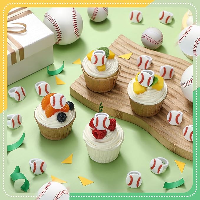 Honeydak 48 Pcs Baseball Cupcake Rings Toppers Decoration Sport Ball Theme Cupcake Picks Baseball Party Decoration Sport Cupcake Toppers Rings for Birthday Party Supplies