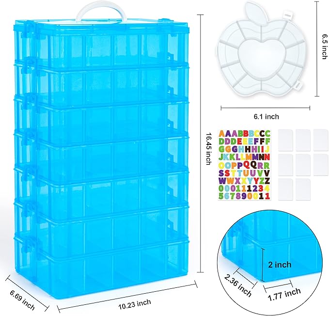 INSCRAFT 7 Layers Stackable Storage Container, 70 Adjustable Compartments (Blue) Stackable Storage Container, Perfect for Kids Toys, Art Crafts, Jewelry, Supplies, Mini Case & Letter Sticker Included