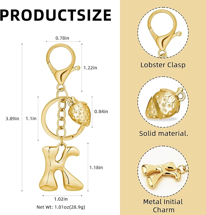 Gold Bubble Heart, Cherry, Bow & More Designs Letter Initial Keychain Bag Charms – Cute Purse Charms for Handbags