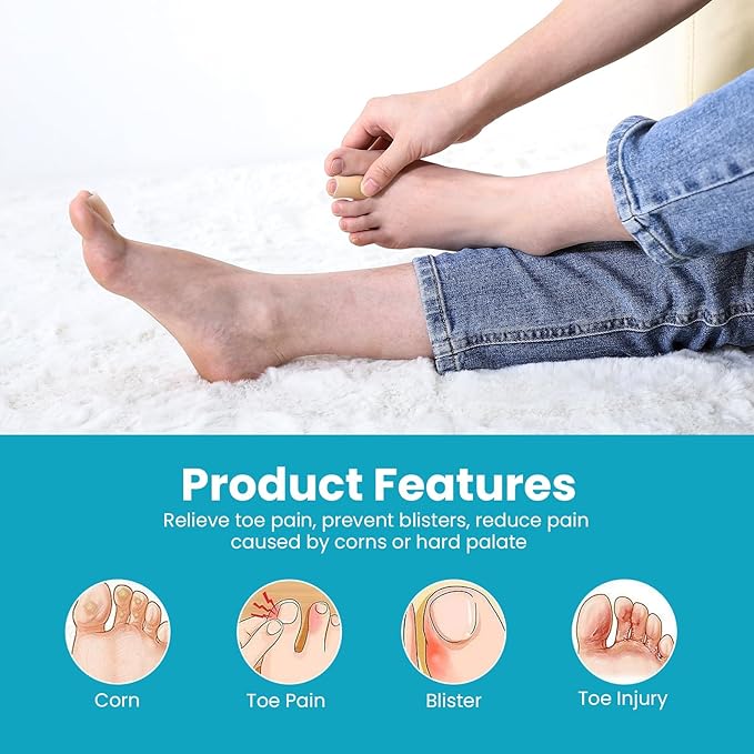 Povihome Toe Sleeves, Toe Protectors, 12 Pack Toe Tube Pads for Hammer Toe,Stubbed Toe,Corns, Calluses Protect (3 Different Sizes, Beige)