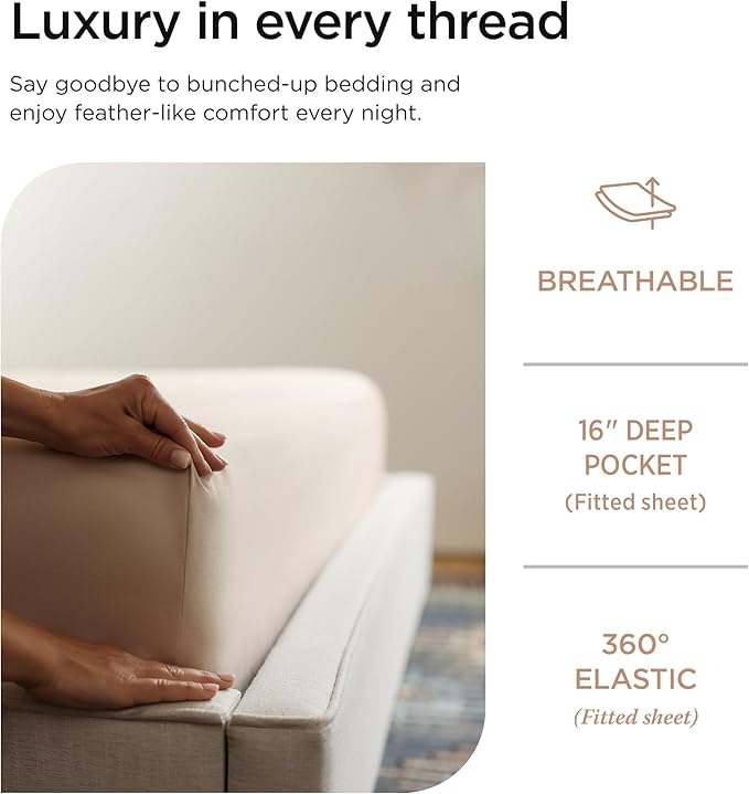 Threadmill Luxury 800 Thread Count Full Size 100% Cotton Sheets - Light Beige Sateen Weave Bed-Sheets, Better Than Egyptian Cotton, 4 Pc Solid Bedding Set, Fits 16" Deep Pocket