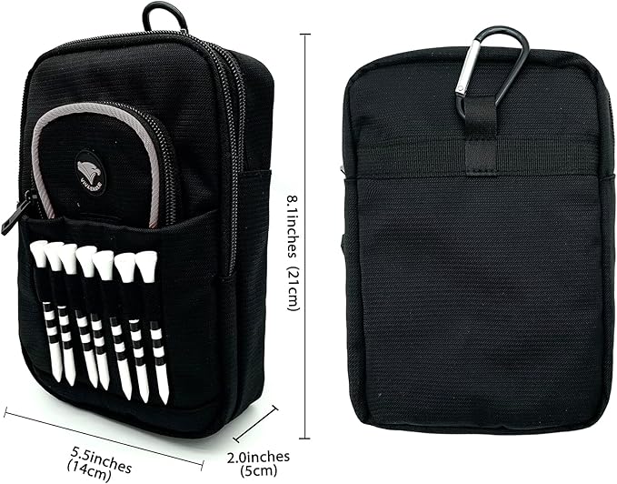 Golf Bag Pouch for Balls and Accessories | 3 Zipper Pockets | Detachable Clip | Store Up to 15 Balls | Front Tee Holder and 10 Bamboo Tees 3 1/4 in
