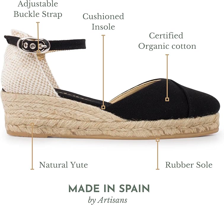 Girona Authentic Spanish Espadrille Wedge Sandals for Women - Sustainable, Eco Friendly, Vegan Shoes. Classic Style, Organic Cotton Canvas Upper, Comfy Insole, Jute Midsole, Rubber Sole. Made in Spain