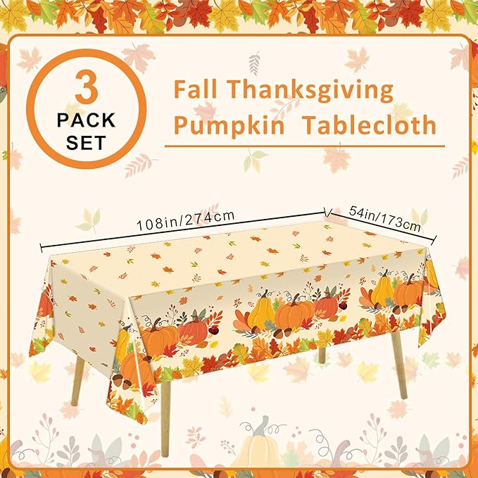 3 Pack Fall Pumpkin Tablecloth Thanksgiving Tablecloth Autumn Leaves Table Cover for Fall Thanksgiving Party Decorations, 54 x 108 Inch