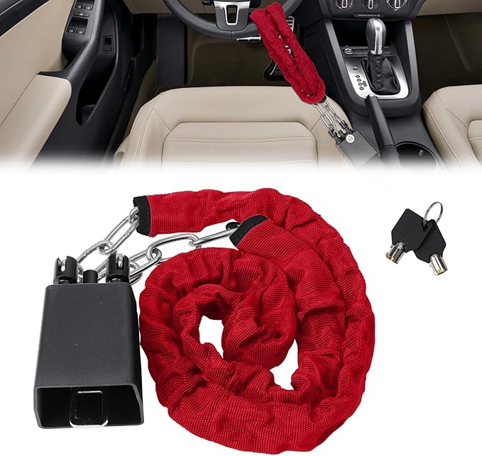 Universal Cars Steering Wheel Lock, Seat Belt Lock, Club Steering Wheel Lock, Lightweight & Portable, Car Security Anti-Theft Device Fits Most Vehicles, SUVs, Golf Carts, Includes 2 Keys (Red)