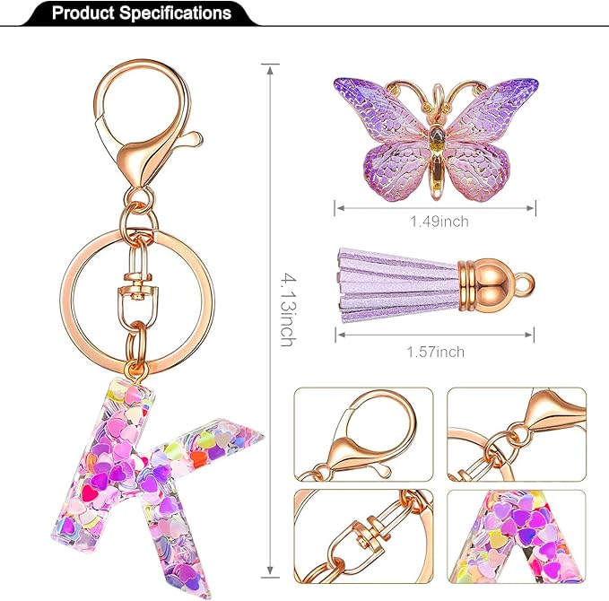 JINGUAZI Initial letter Keychains for Women Tassel Butterfly Pink Purple Cute Car Keychain for Wallet Backpack bag charm