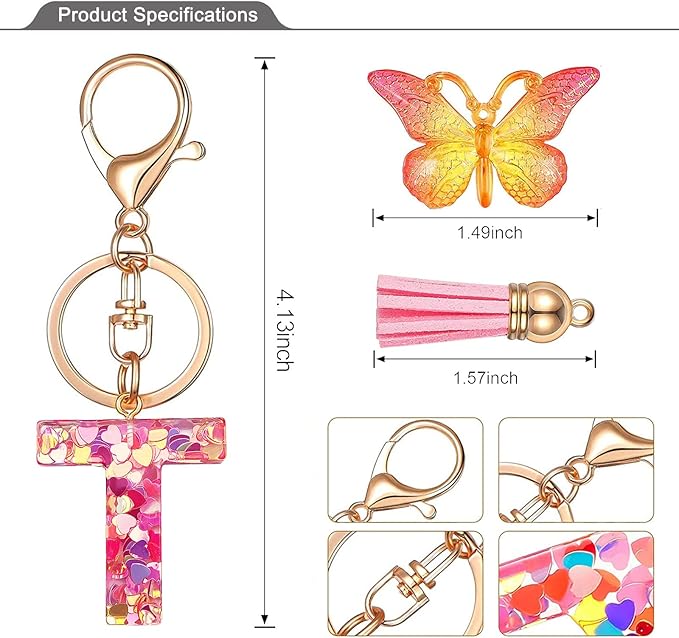 JINGUAZI Initial letter Keychains for Women Tassel Butterfly Pink Purple Cute Car Keychain for Wallet Backpack bag charm