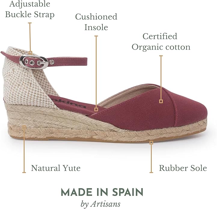 Girona Authentic Spanish Espadrille Wedge Sandals for Women - Sustainable, Eco Friendly, Vegan Shoes. Classic Style, Organic Cotton Canvas Upper, Comfy Insole, Jute Midsole, Rubber Sole. Made in Spain